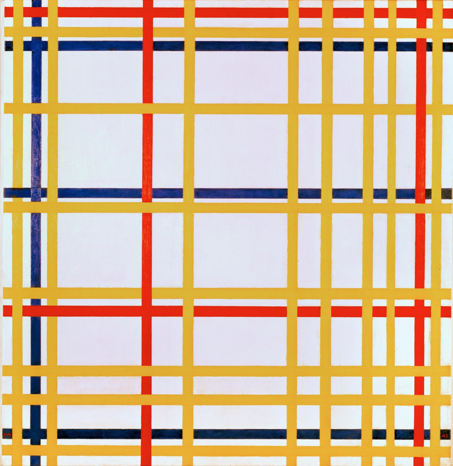 New York City by Piet Mondrian, a dense interwoven grid of yellow, red and blue painted bands on a pale ground